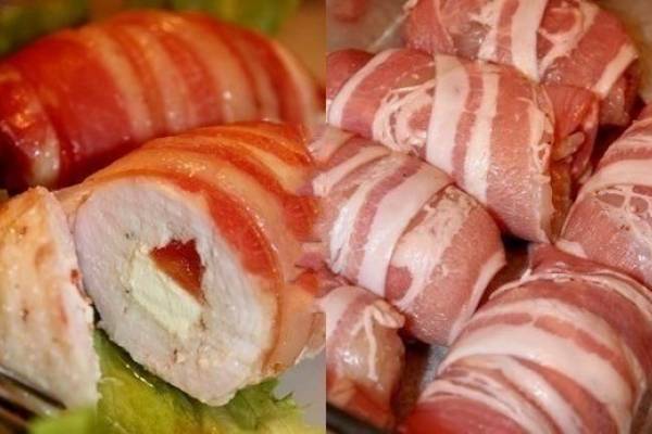 Рулетики из куриного филе в беконе